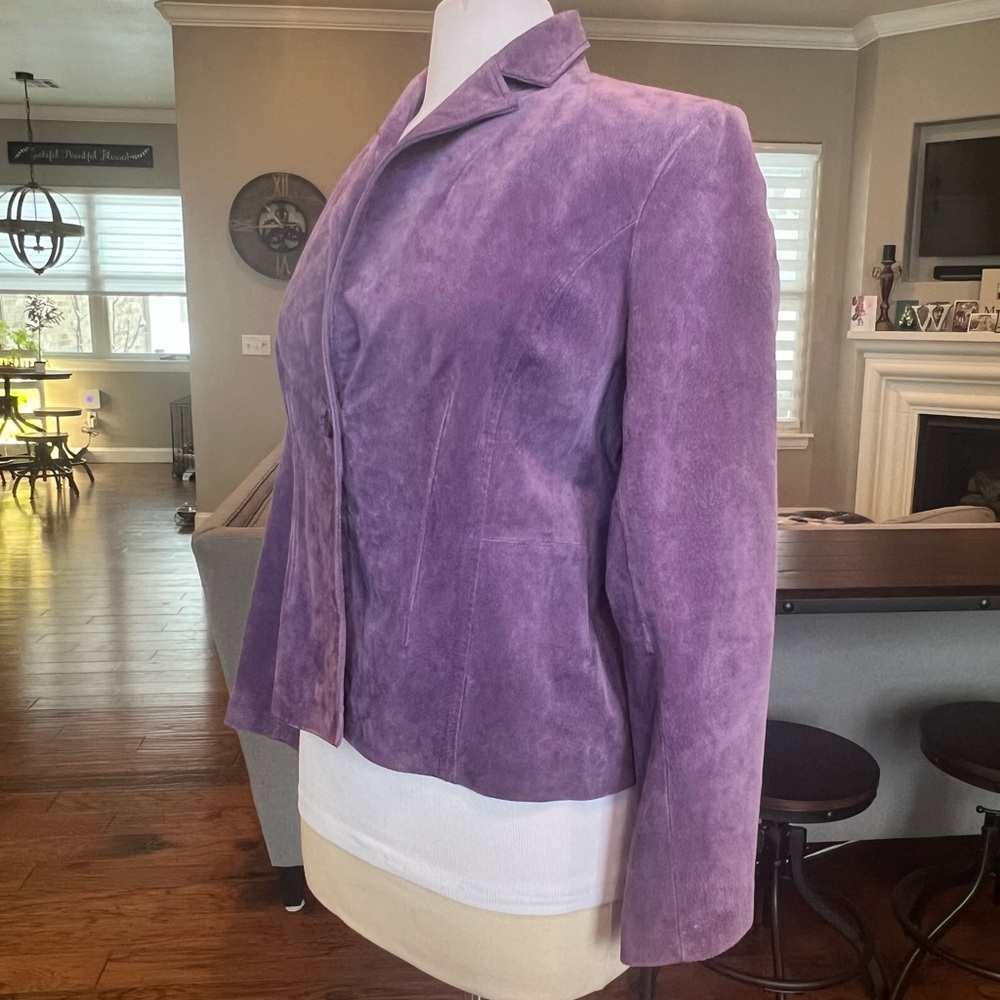 Vintage 90’s Relativity Purple Suede Blazer Jacket Size LP Large Petite Leather - Picture 2 of 16